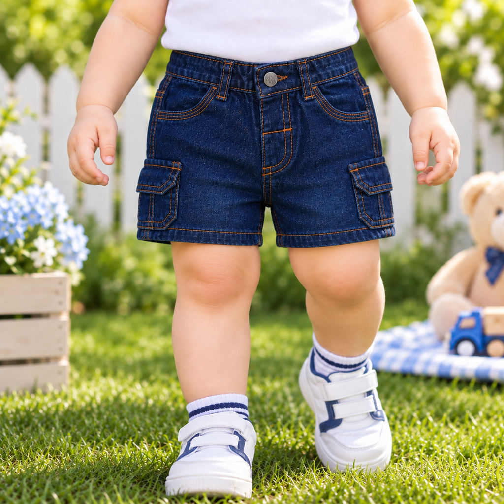 Minnie Minors / Unisex / Dark Blue Soft Denim Cargo Shorts / Front & Back Pockets