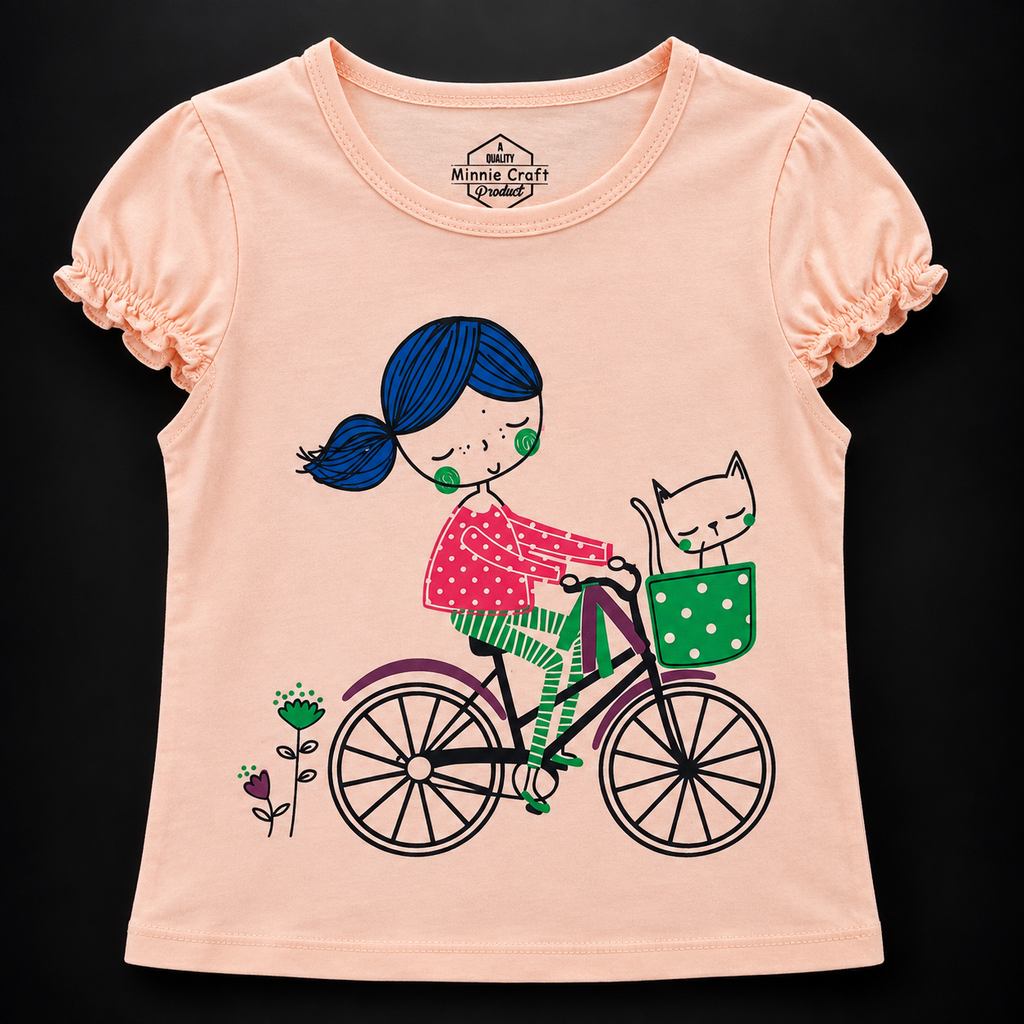 Minnie Craft / Soft Cotton Girl Ride Bicycle Printed Light Peach T-Shirt Frilled Armholes