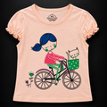 Minnie Craft / Soft Cotton Girl Ride Bicycle Printed Light Peach T-Shirt Frilled Armholes
