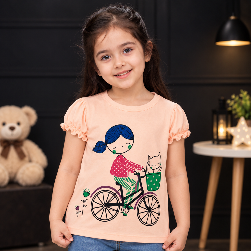 Minnie Craft / Soft Cotton Girl Ride Bicycle Printed Light Peach T-Shirt Frilled Armholes