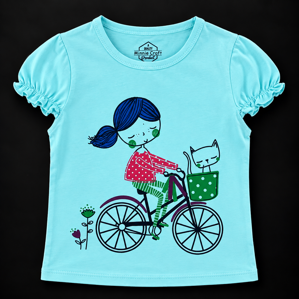 Minnie Craft / Soft Cotton Girl Ride Bicycle Printed Sky Blue T-Shirt Frilled Armholes