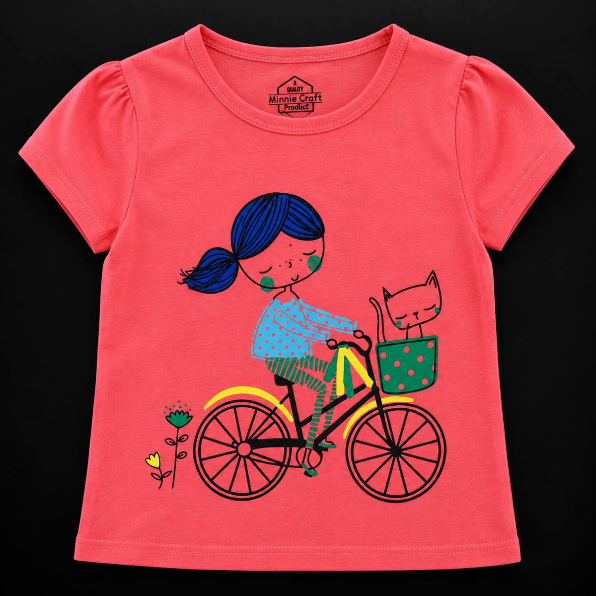 Minnie Craft / Soft Cotton 'Girl Ride Bicycle' Printed Pink T-Shirt