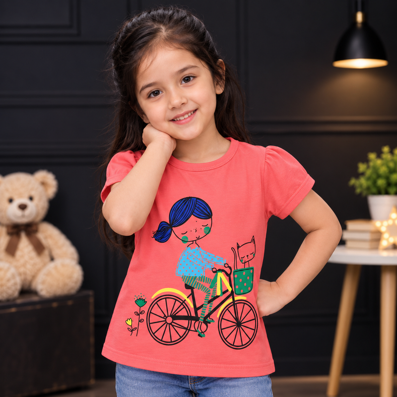 Minnie Craft / Soft Cotton 'Girl Ride Bicycle' Printed Pink T-Shirt