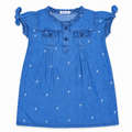 Minnie Craft / Girls' Embroidered White Palm Tree Pattern Blue Dress With Frilled Armholes