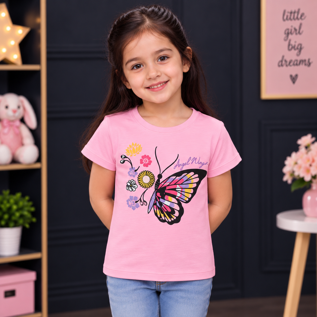 Minnie Craft / Soft Cotton Butterfly Puff Printed Light Pink T-Shirt
