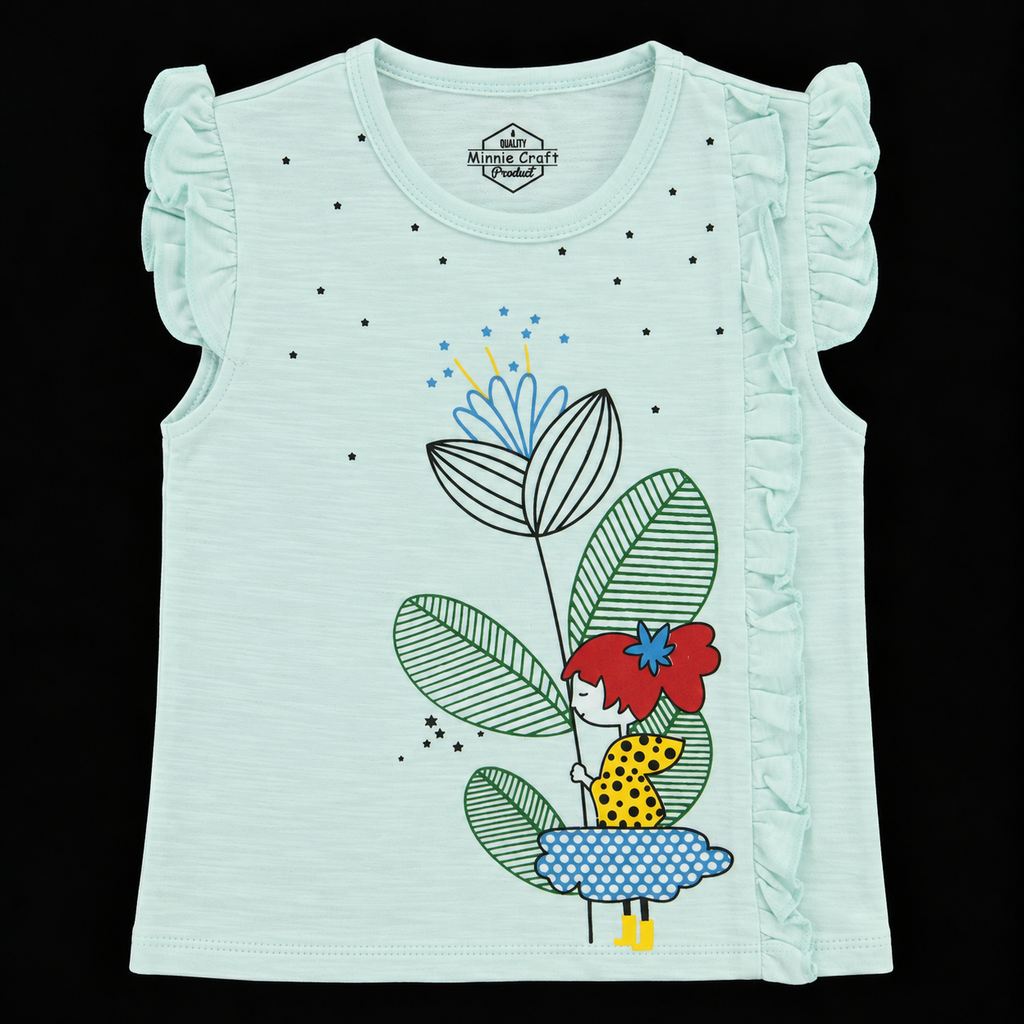 Minnie Craft Soft Stretchable Organic Cotton Front printed & Frilled Line Shirt with frilled Armholes