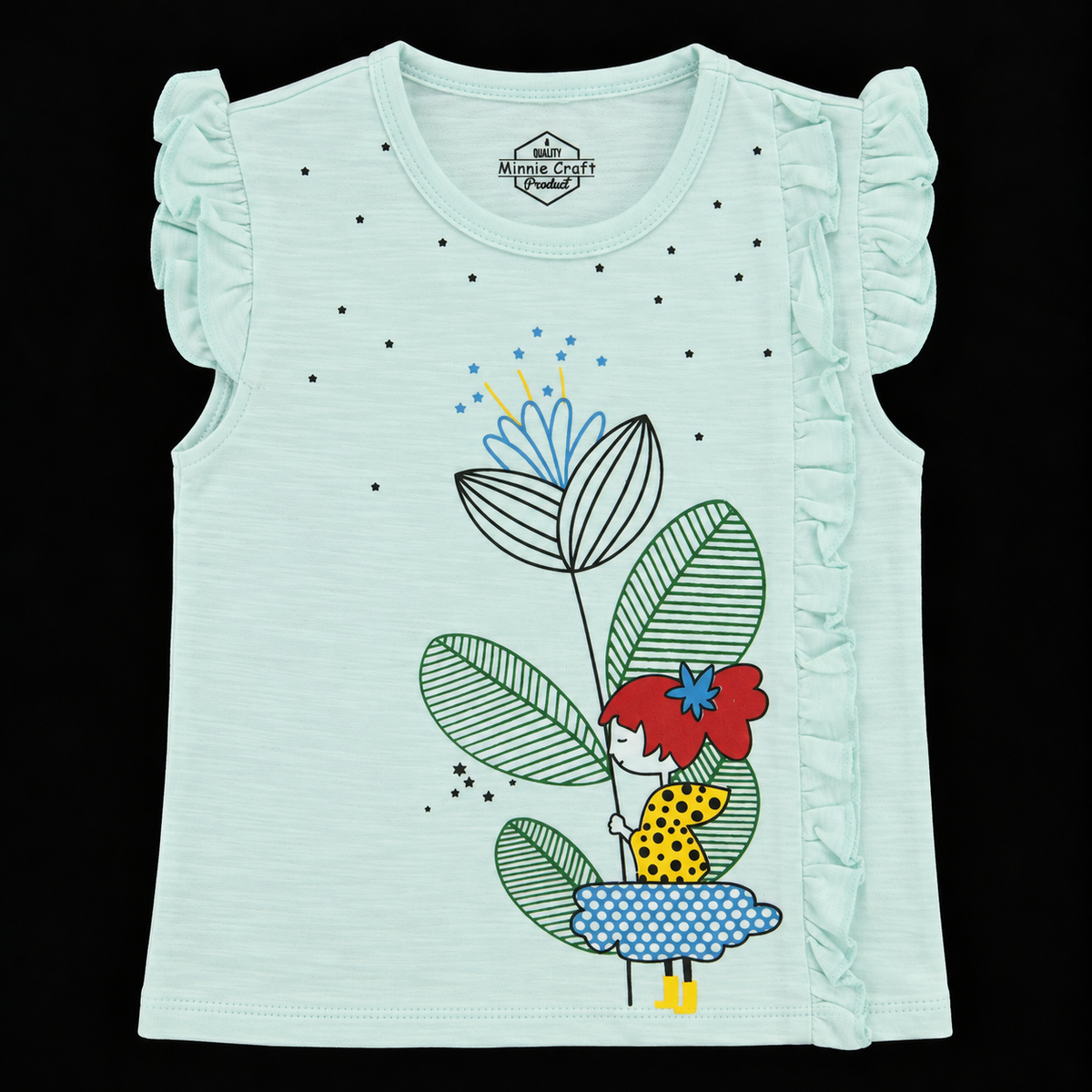 Minnie Craft Soft Stretchable Organic Cotton Front printed & Frilled Line Shirt with frilled Armholes