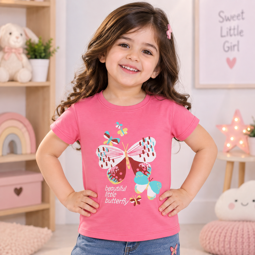 Minnie Craft / Soft Cotton Butterflies Printed Light Pink T-Shirt