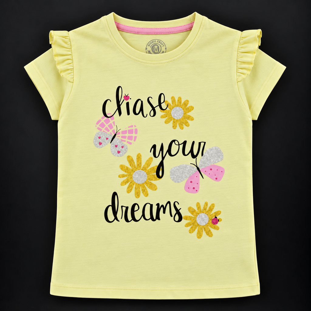 Minnie Craft / Soft Organic Cotton 'chase your dreams' Printed T-Shirt-Front Frilled