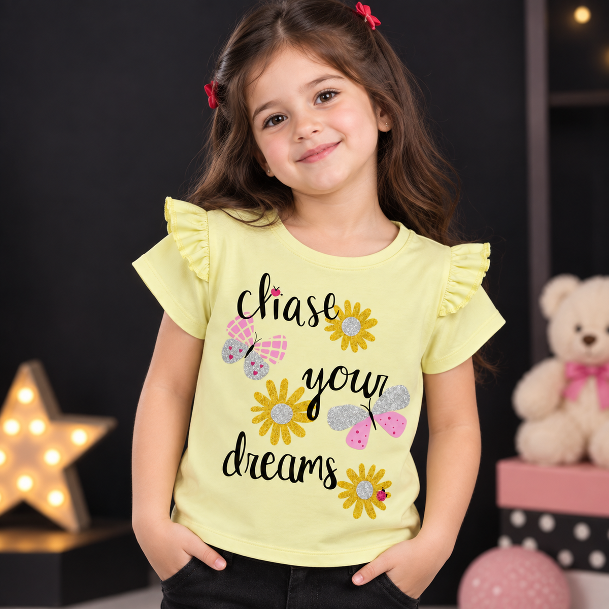 Minnie Craft / Soft Organic Cotton 'chase your dreams' Printed T-Shirt-Front Frilled