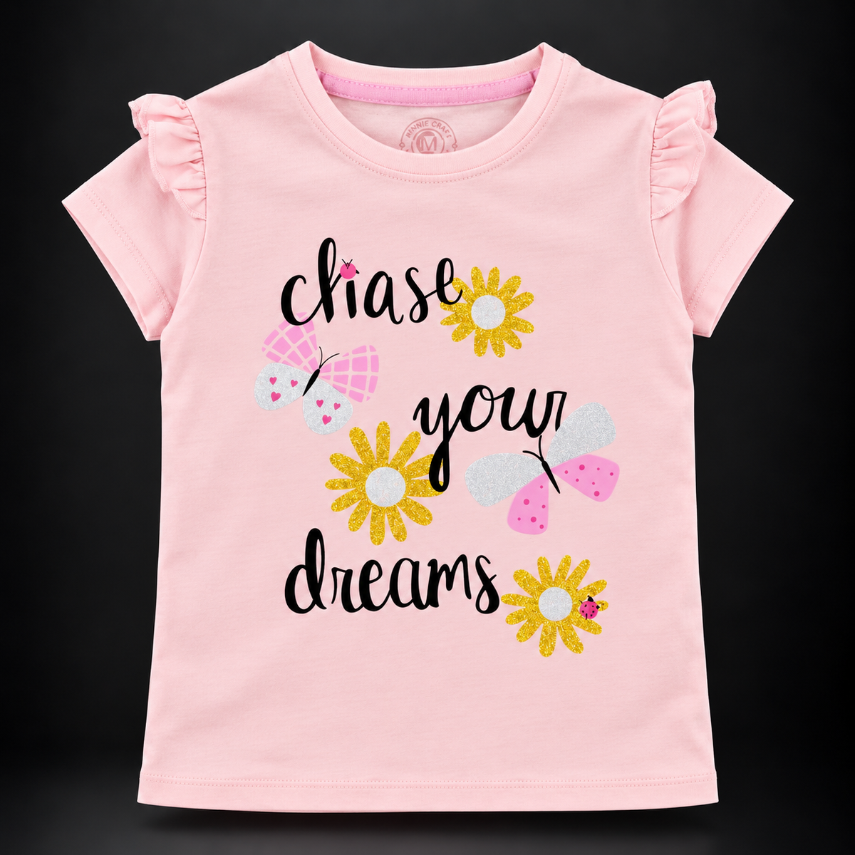 Minnie Craft / Soft Organic Cotton 'chase your dreams' Printed T-Shirt-Front Frilled