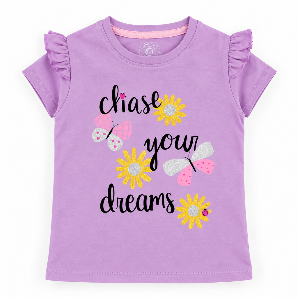 Minnie Craft / Soft Organic Cotton 'chase your dreams' Printed T-Shirt-Front Frilled