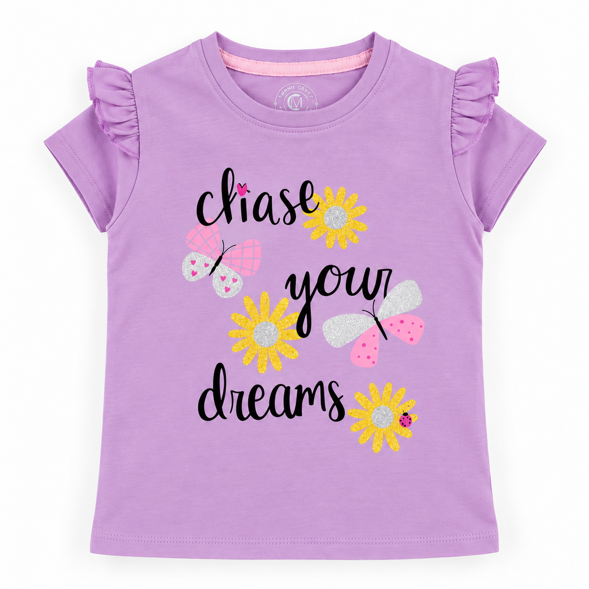 Minnie Craft / Soft Organic Cotton 'chase your dreams' Printed T-Shirt-Front Frilled