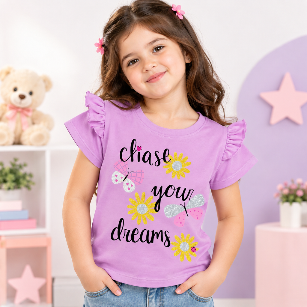 Minnie Craft / Soft Organic Cotton 'chase your dreams' Printed T-Shirt-Front Frilled