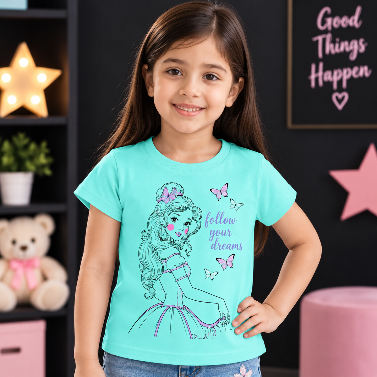Hopscotch-Kids / Soft Cotton 'follow your dreams' Printed T-Shirt