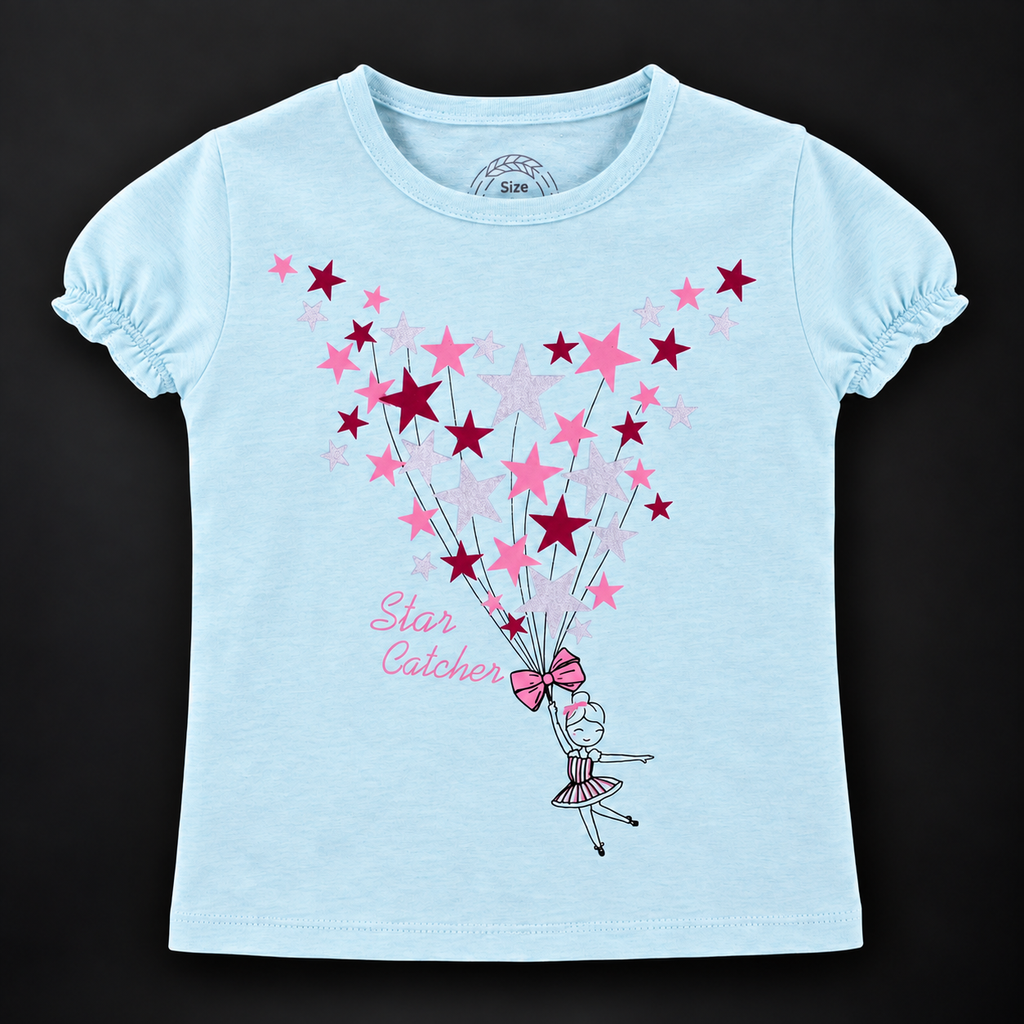 Minnie Craft Organic Soft Cotton 'Star Catcher' Printed Sea Blue T-Shirt Frilled Armholes