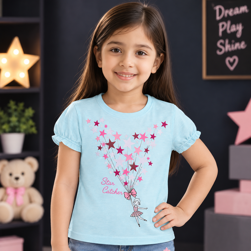 Minnie Craft Organic Soft Cotton 'Star Catcher' Printed Sea Blue T-Shirt Frilled Armholes