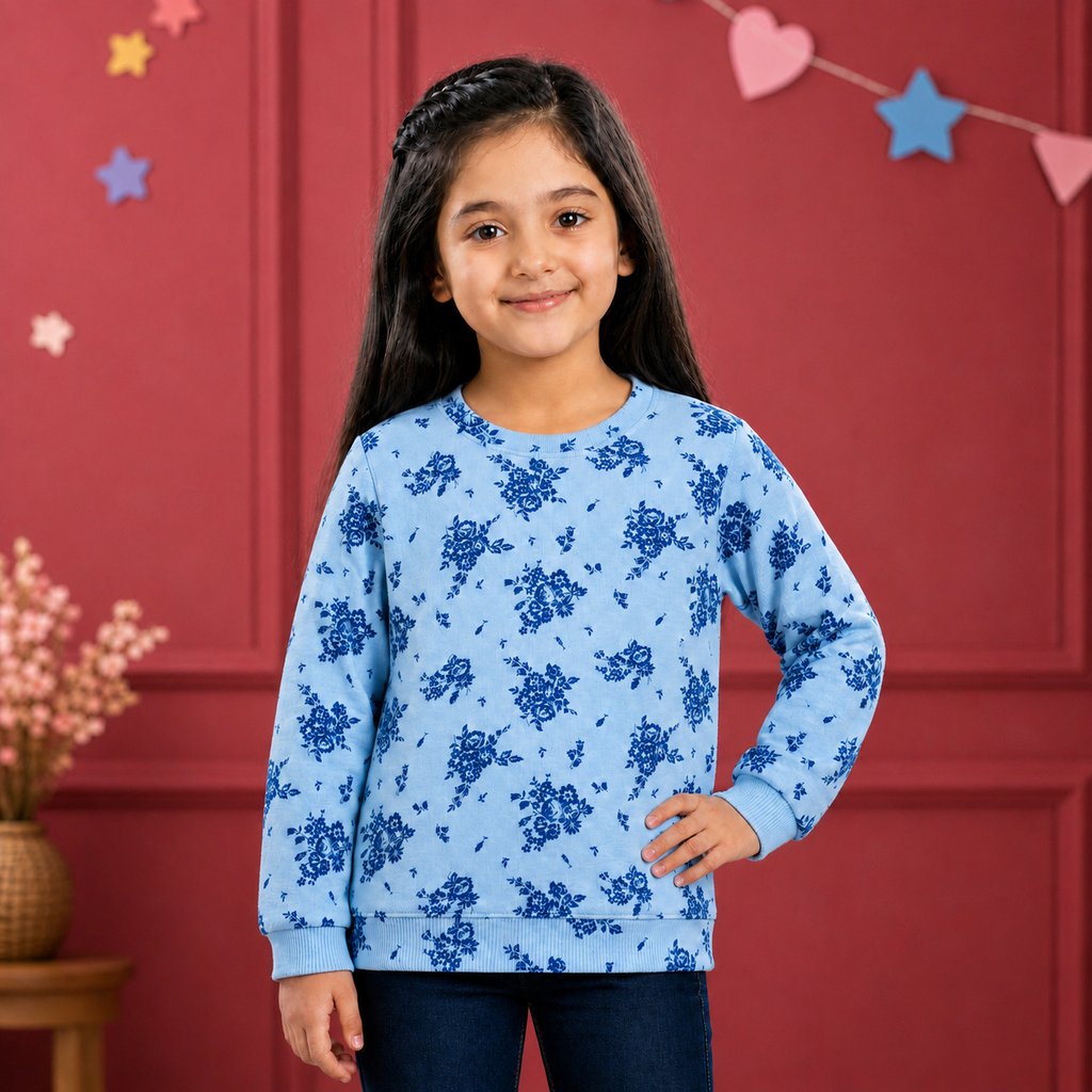 Minnie-Minors Girls Ice-Blue Color Florals Print Design Sweatshirt