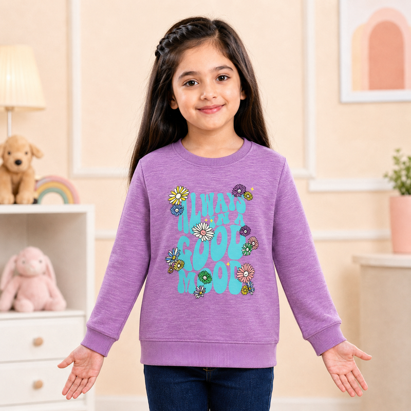HopScotch-Kids / Girls 'Always In A Good Mood' Print Design Soft Heathered Texture Sweatshirt