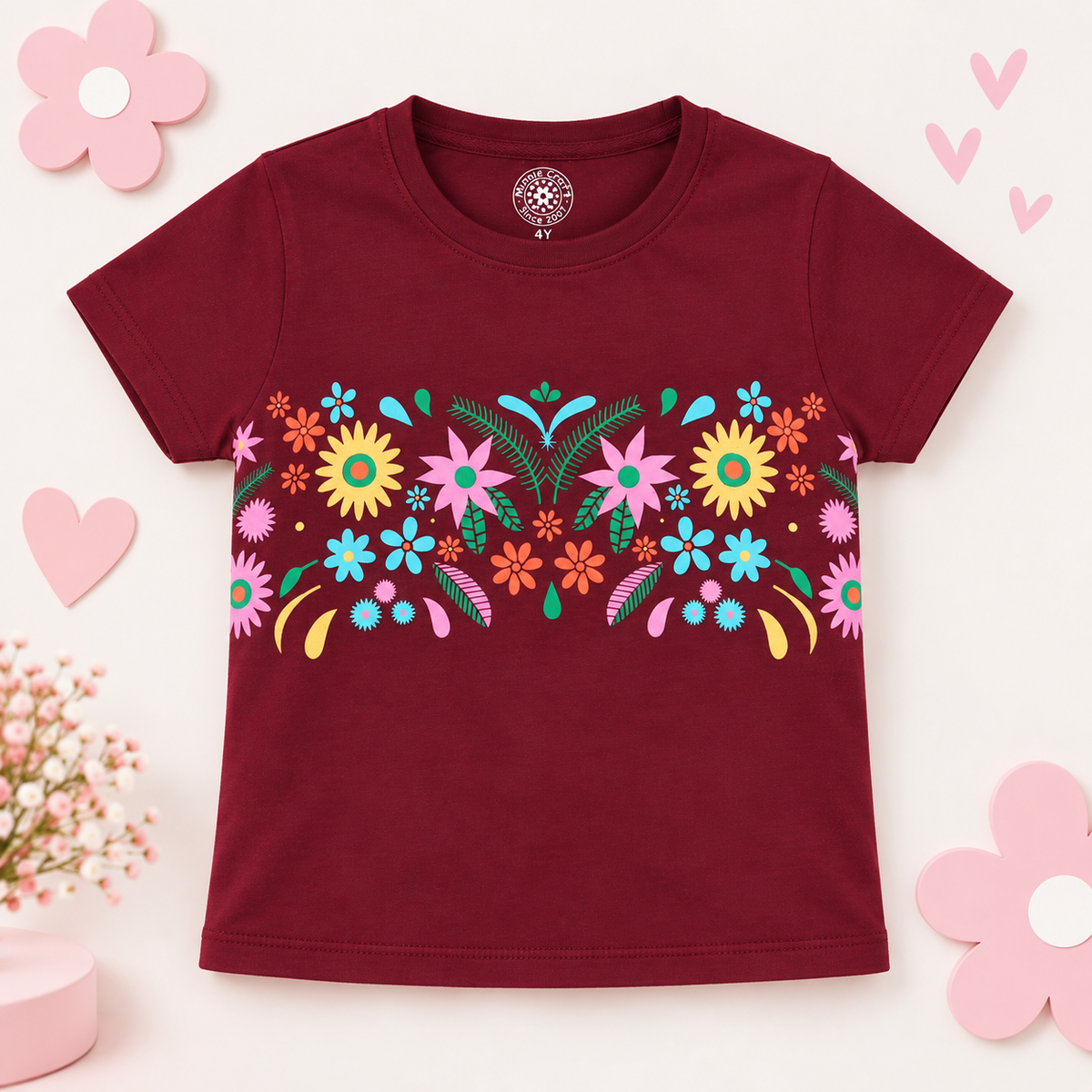 Minnie Craft / Soft Cotton Floral Printed Maroon T-Shirt