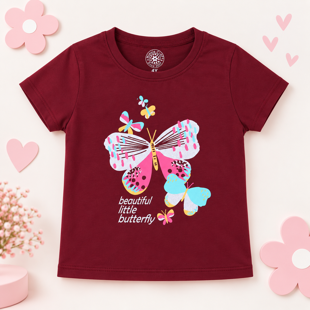 Minnie Craft / Soft Cotton Butterflies Printed Maroon T-Shirt