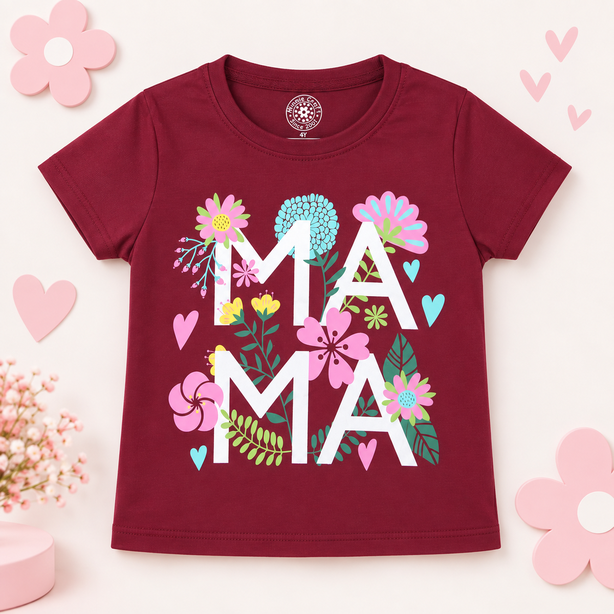 Minnie Craft / Soft Cotton 'MAMA' Print Design Maroon T-Shirt