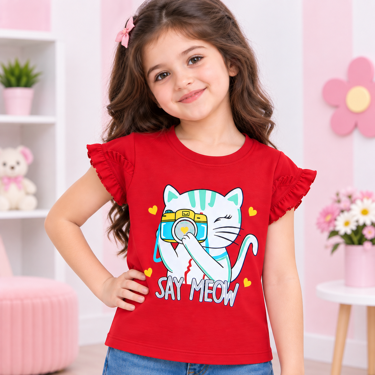 Minnie Craft / Soft Cotton Cat 'Say Meow' Printed Red T-Shirt Frilled Armholes