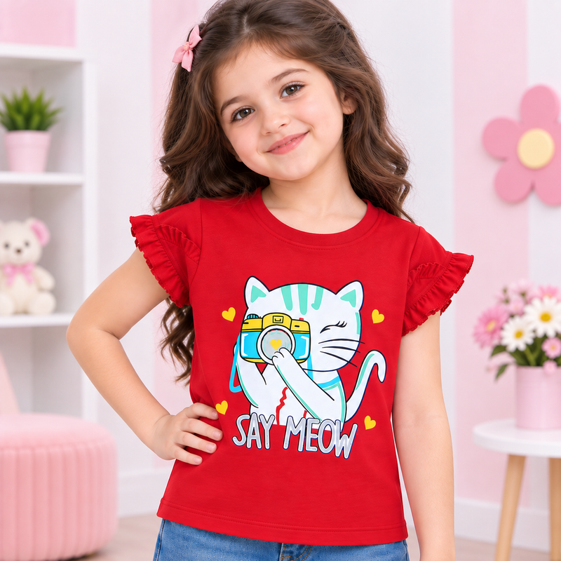 Minnie Craft / Soft Cotton Cat 'Say Meow' Printed Red T-Shirt Frilled Armholes