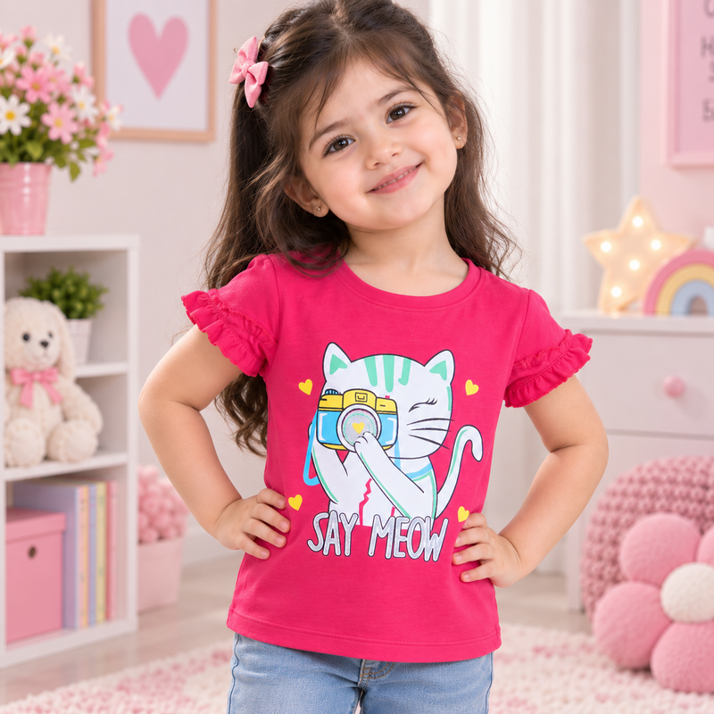 Minnie Craft / Soft Cotton Cat 'Say Meow' Printed Pink T-Shirt Frilled Armholes