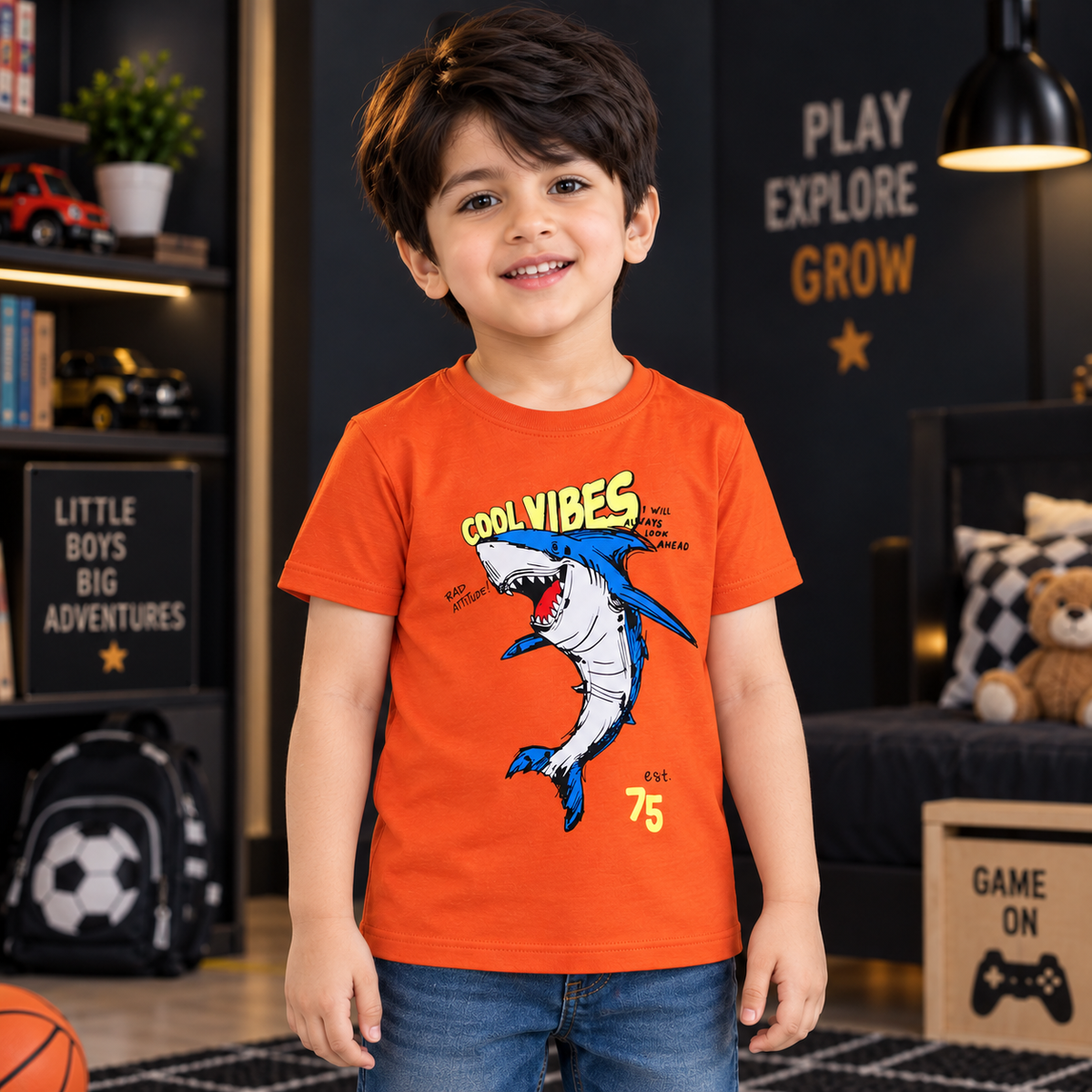 Minnie Craft / Boys 'Cool Vibes' Shark Printed Soft Organic Cotton Orange T-Shirt