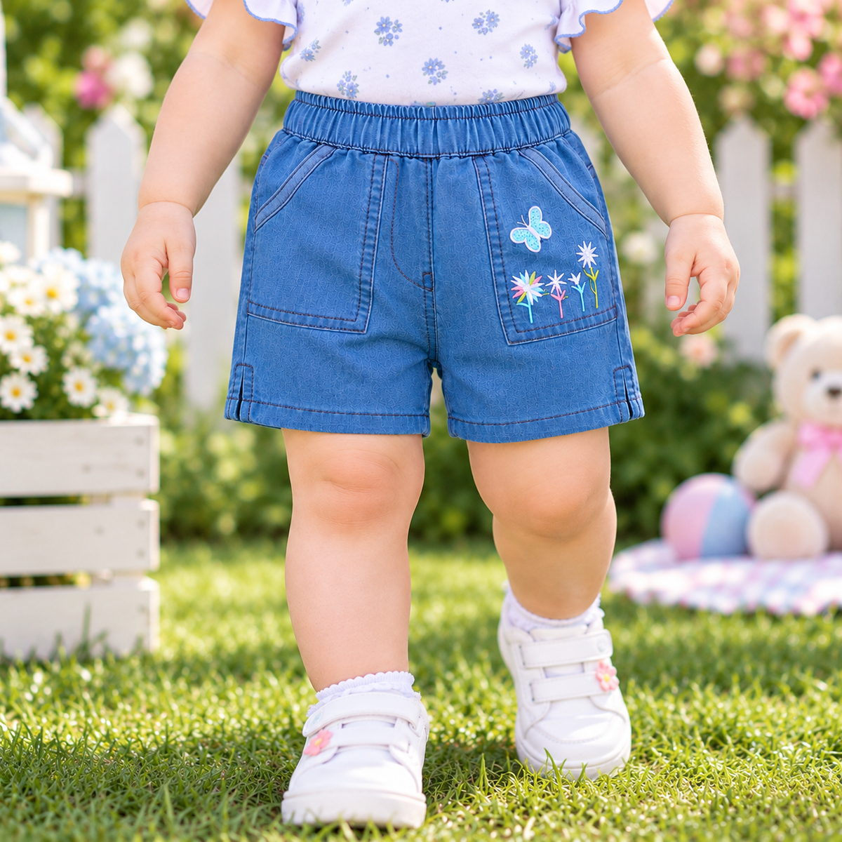 Minnie Minors / Infants Floral Embroidered Soft Light Weight Cotton Shorts
