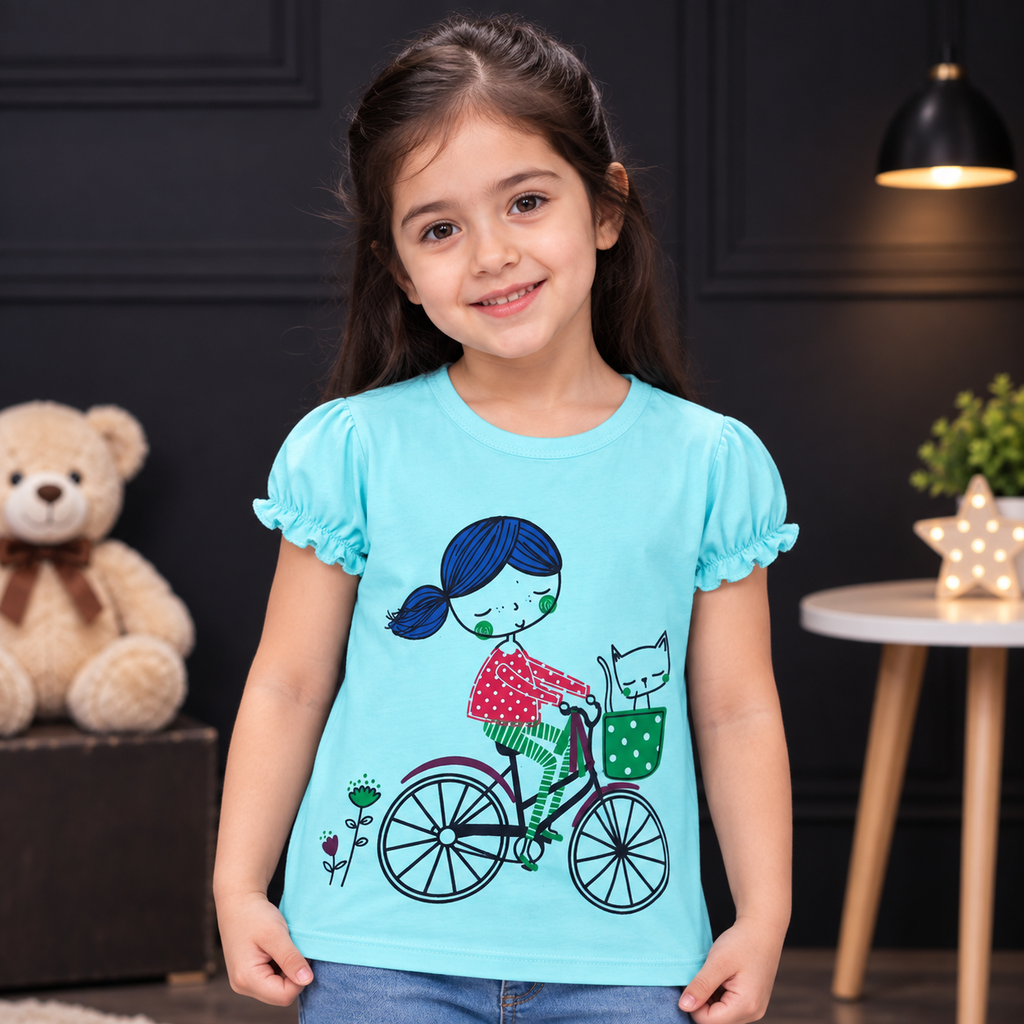 Minnie Craft / Soft Cotton Girl Ride Bicycle Printed Sky Blue T-Shirt Frilled Armholes