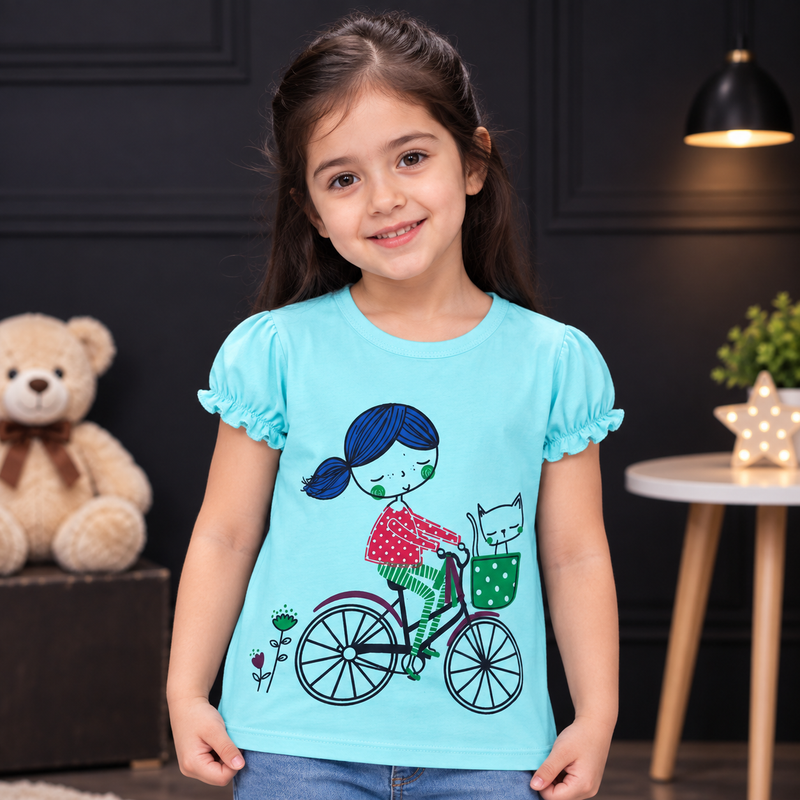 Minnie Craft / Soft Cotton Girl Ride Bicycle Printed Sky Blue T-Shirt Frilled Armholes
