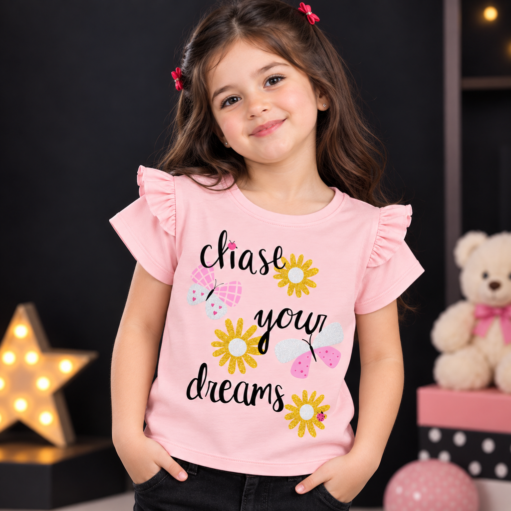 Minnie Craft / Soft Organic Cotton 'chase your dreams' Printed T-Shirt-Front Frilled