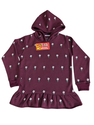 Minnie Minors / Girls Cotton Fleece Knit Maroon Bottom Frill Hoodie Front Printed / Multi-Color Flower Design