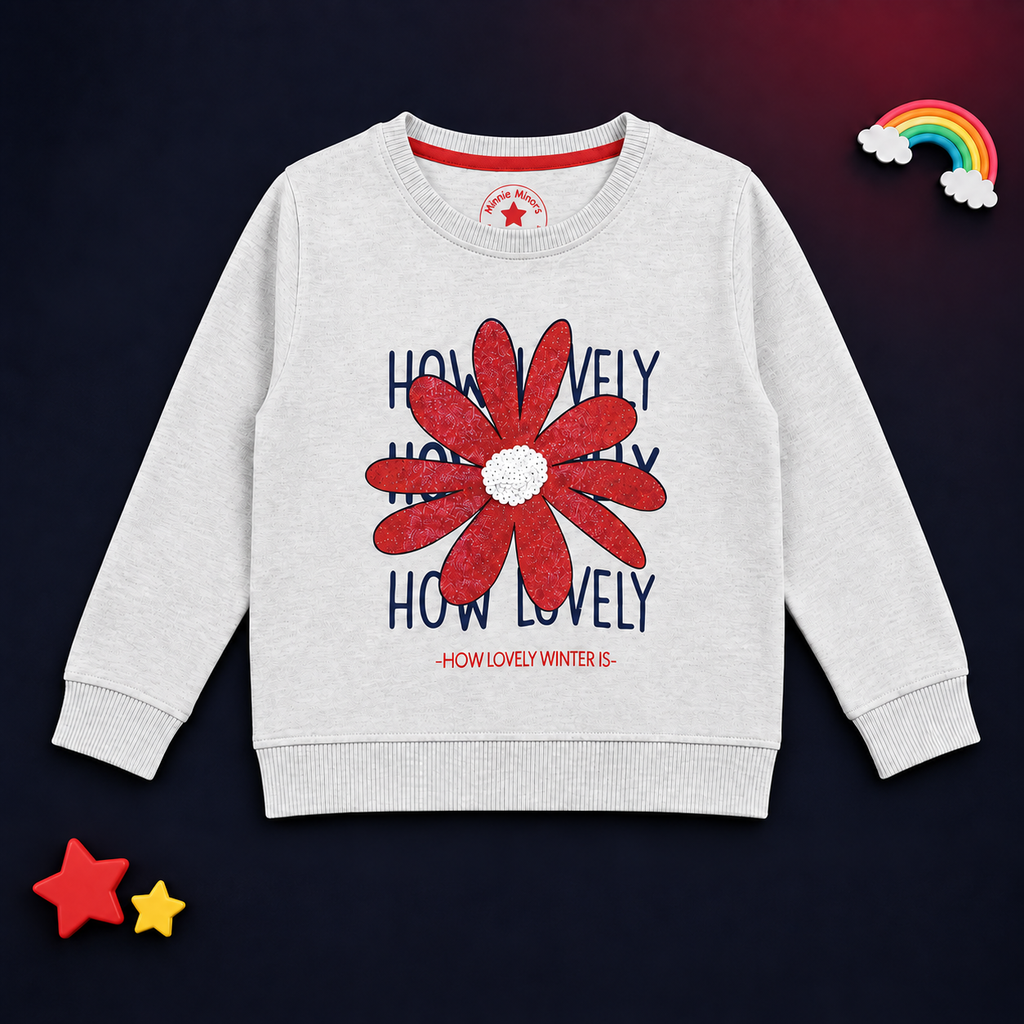 Minnie-Minors Girls 'How Lovely' Print Design/Glittered Floral Sweatshirt