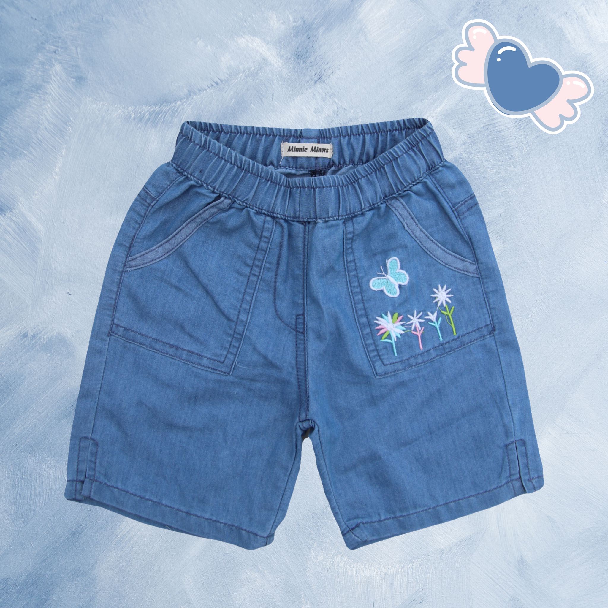 Minnie Minors / Girls Embroided blue Light-weight Cotton shorts.