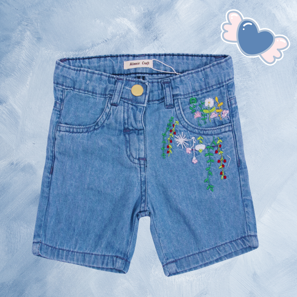 Minnie Craft / Girls Embroided Light Weight blue Denim shorts