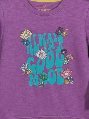 HOPSCOTCH / Girls Violet Pink Printed - Knitted Cotton Fleece Sweatshirt