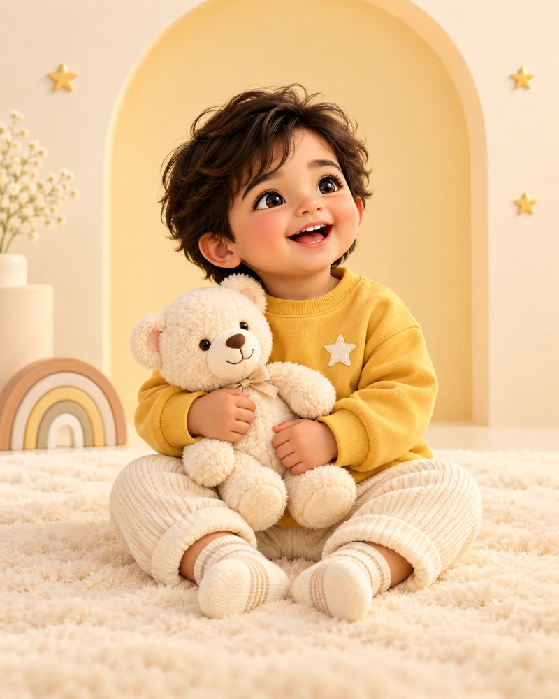 Illustrated baby in cosy winter clothing