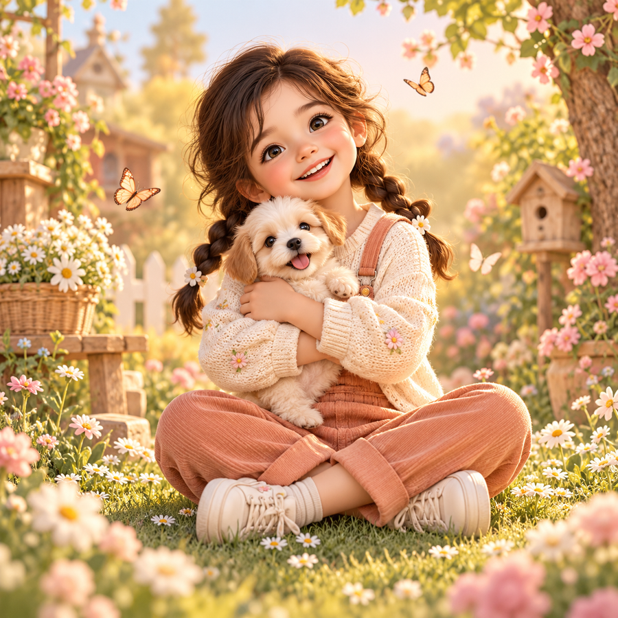 Illustrated girl holding a puppy in a sunny flower garden