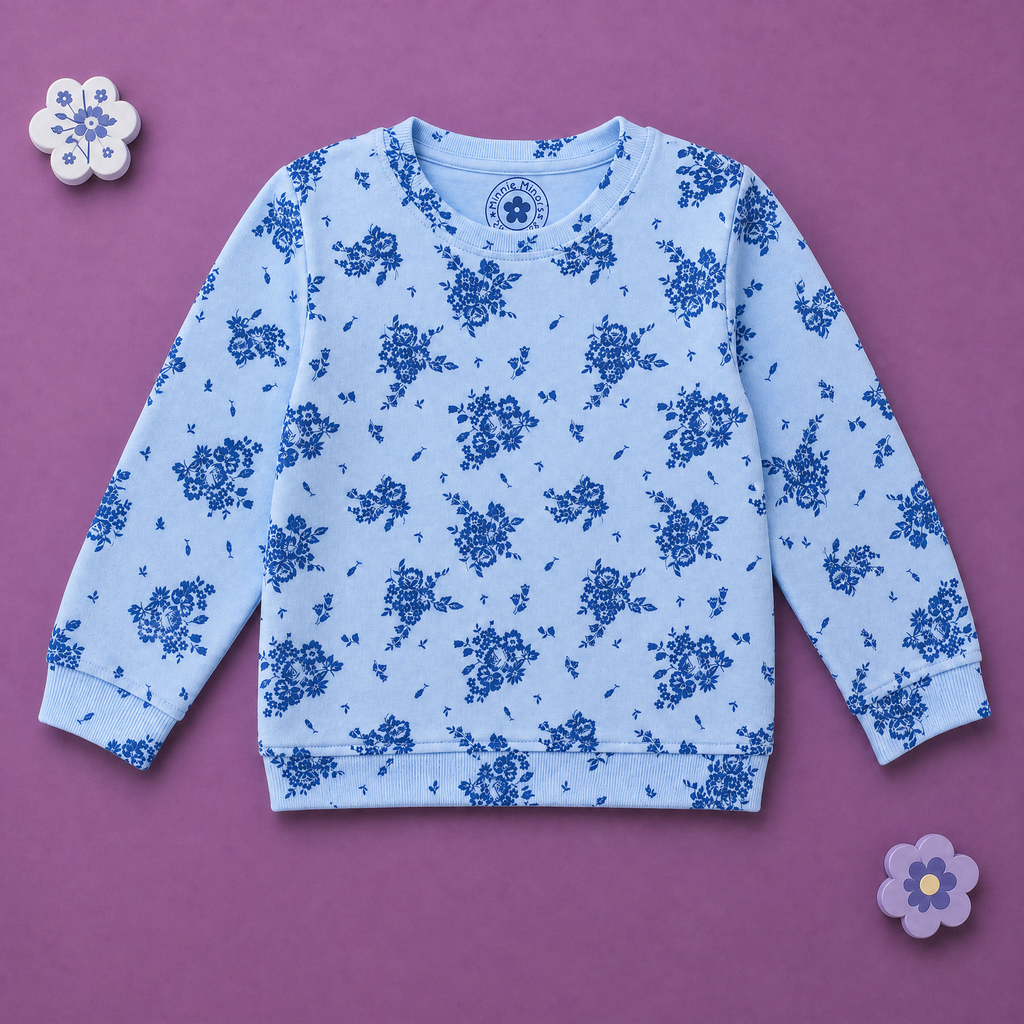Minnie-Minors Girls Ice-Blue Color Florals Print Design Sweatshirt