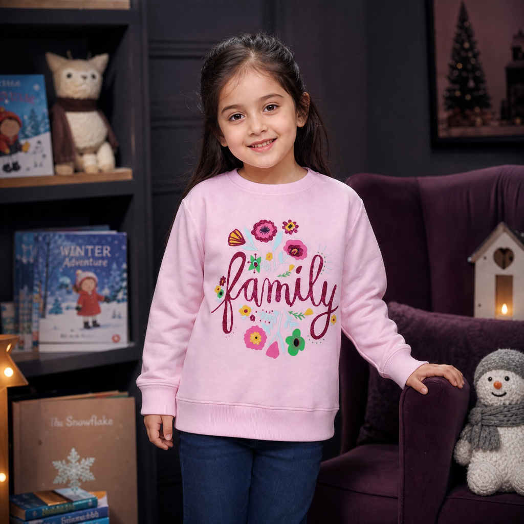 Mars Kids / Girls 'Family' Glittered Print Design Soft Light Pink Sweatshirt