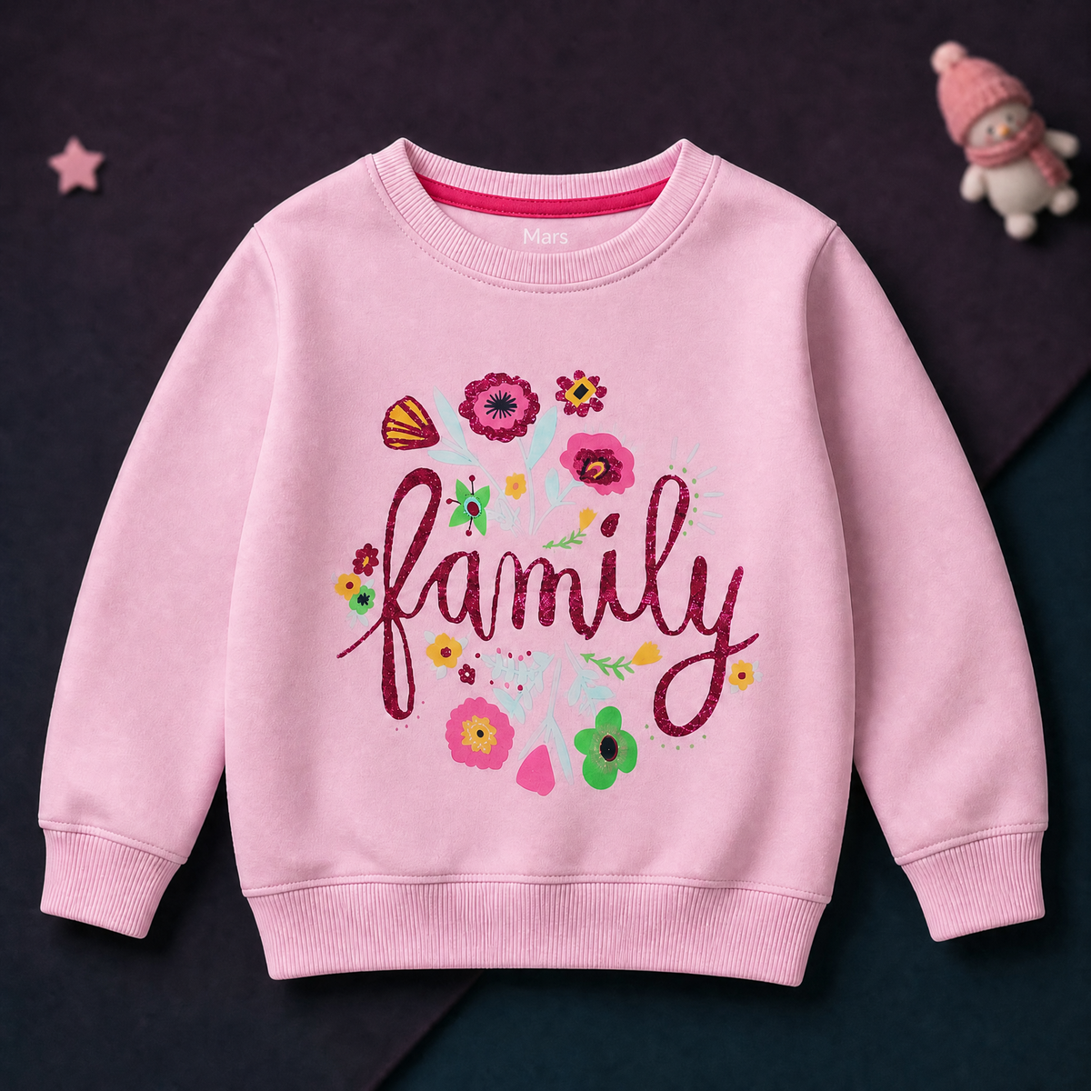 Mars Kids / Girls 'Family' Glittered Print Design Soft Light Pink Sweatshirt