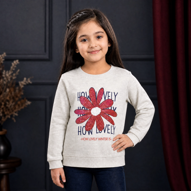 Minnie-Minors Girls 'How Lovely' Print Design/Glittered Floral Sweatshirt