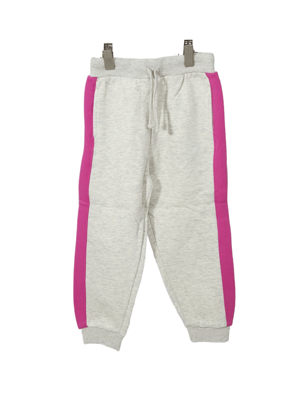 Minnie Minors / Girls Light Creamy Grey-Side Pink Stripes Cotton Fleece Trouser Front Laces