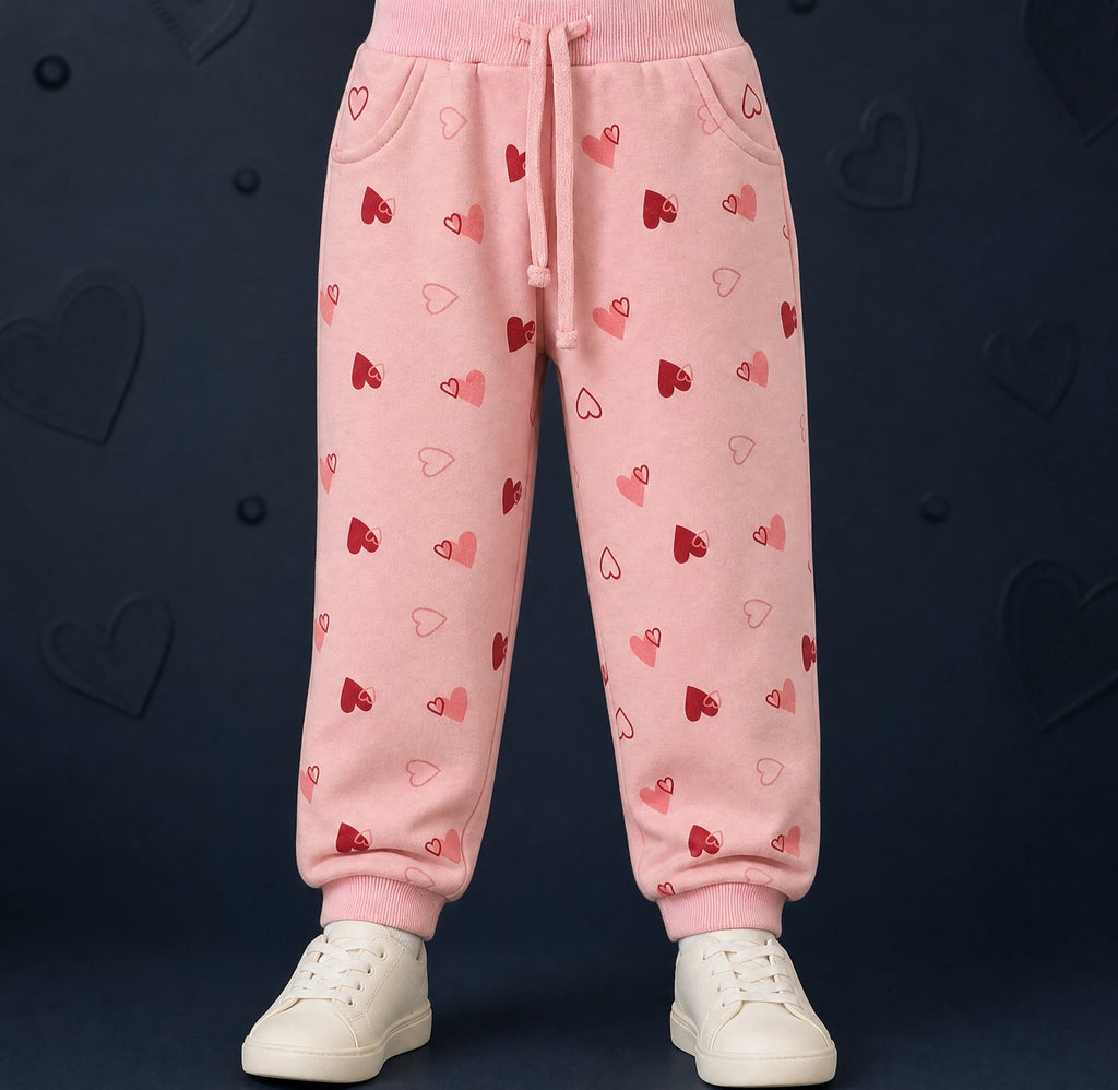 Girls Winter Mini Hearts Printed Design Light Pink Jogger Pants / Mars Kids