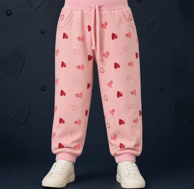 Girls Winter Mini Hearts Printed Design Light Pink Jogger Pants / Mars Kids
