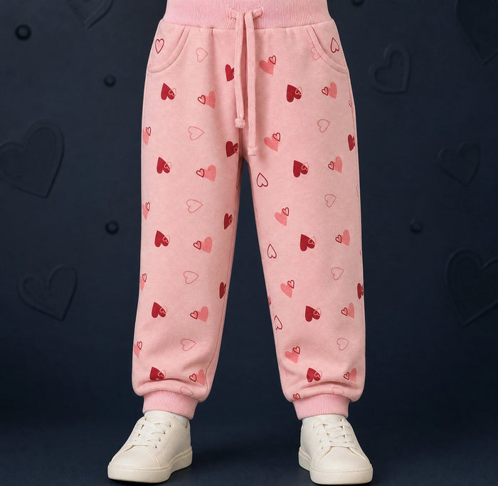 Girls Winter Mini Hearts Printed Design Light Pink Jogger Pants / Mars Kids