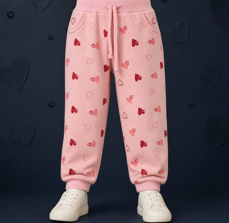 Girls Winter Mini Hearts Printed Design Light Pink Jogger Pants / Mars Kids